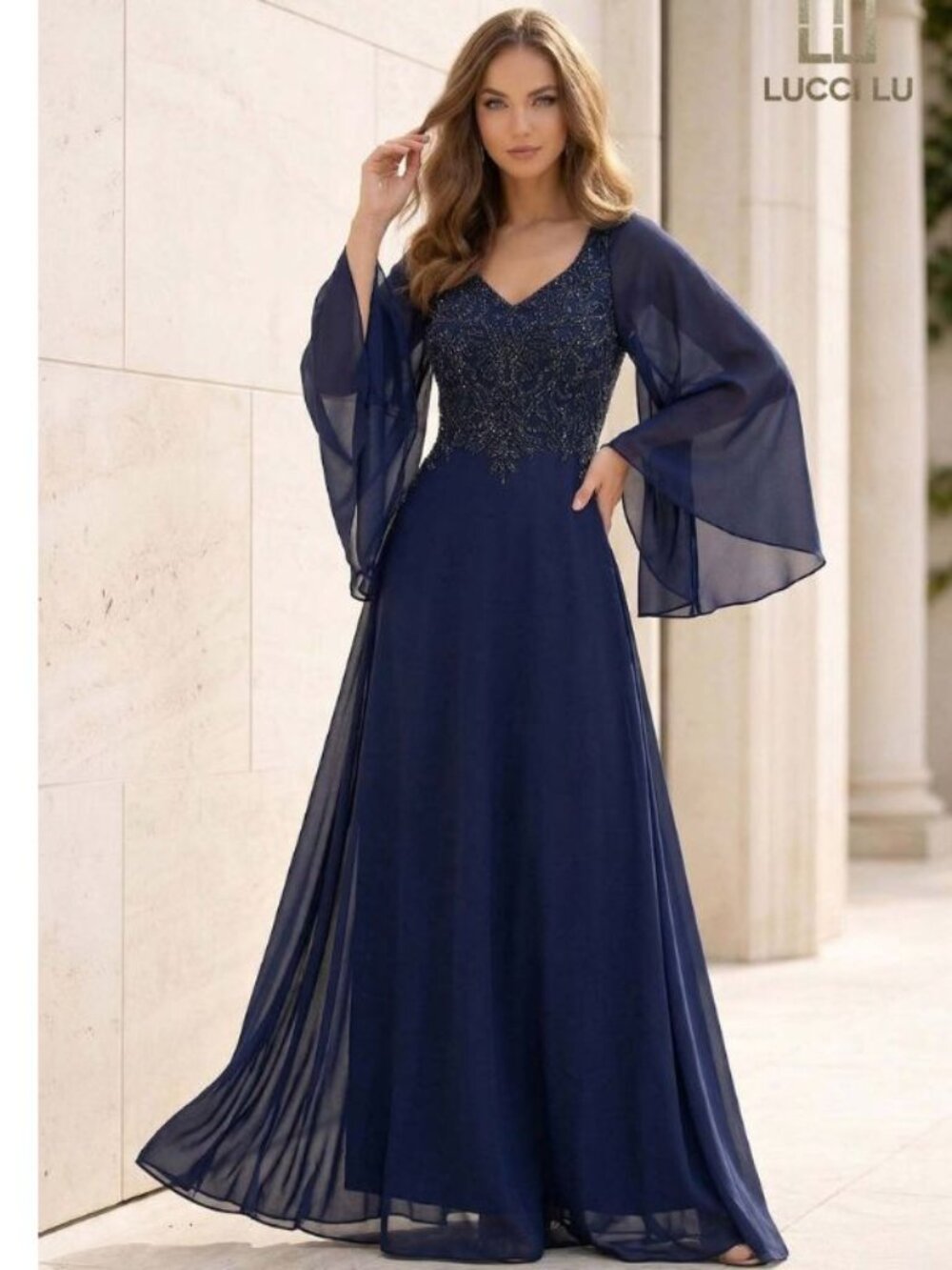 Clearance Navy Size 10W Beaded Chiffon A-Line Evening Gown by Lucci Lu 6047W